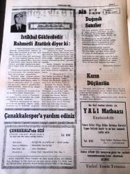ÇANAKKALE ÇANAKKALE 'NİN SESİ  YEREL TAŞRA BASINI- --22 ARALIK 1975 YIL :2 SAYI :390- Yoldan iki otobüs yan yana geçemiyor  dar yol tehlikeli  oluyor -  Çanakkale kar yağdı -Cuma günü İstanbul  Fen Fakültesinde  Başlayan  ve Üç Gün Süren İkinci Türk  Basın Kongresi Dün Sona Erdi -İstikbal  Göklerdedir Rahmetli Atatürk Diyor Ki :- Şiir : Dağınık Satırlar : Faruk Nafız Çamlıbel -Kırklareli  Halk Eğitim Merkezi  İtalyanca Lisan Kursu Açıyor -  Göztepe de Oscar  Hold  'a  tam  yetki  verilirken  Gürsel  görevinden  alındı -  İstanbul  Judo teşvik  yarışmaları yapıldı  - Liselerarası  Gençler  Basketbol Grup  Birinciliği  Başlandı - Türkiye Liglerinde cumartesi  günü  maç yapılmadı -