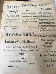 MERSİN  LİMAN GAZETESİ YEREL TAŞRA BASINI --9 HAZİRAN 1959 YIL :1 SAYI 189--M.K.K nun tadili yaz devresinden sonraya kaldı - İtalya ve Belçika kilosu 64  kş.tan  Paçavra aldı -Türkistan da Türkler  kızıllara karşı  başkaldırdı --İsrail - Arap  anlaşmazlığı --Irak bizimle  dost geçinmeği arzuluyormuş --Kış  Gerimi  Döndü - Ayzenhavr ve Eşi - Doktor Cemil Aybaş --Doktor Yusuf Bayraktar Çocuk Hastalıkları  Mütehassısı -Doktor Mustafa  Köksal -