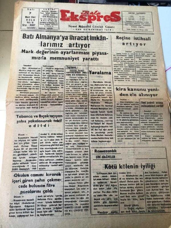 BOLU EKSPRES GAZETESİ YEREL TAŞRA BASINI 7 Mart 1961 Yıl 8 Sayı  