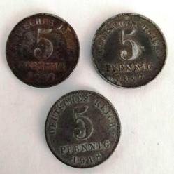 1917-1918-1919 yılları 3'lü Alman 5 Pfennig Lotu (A-32) (RESİMDEKİ ÜRÜN GÖNDERİLECEKTİR)