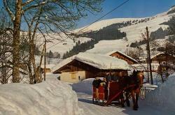 ŞEHİR KARTPOSTALI-ALP DAĞLARINDAN KARLAR ALTINDA EV VE ATIN ÇEKTİĞİ KIZAK GÖRÜNTÜSÜ,ARKASINA YAZILMAMIŞ, RENKLİ, 11 X 15 CM EBADINDA-1950'LER, 1960'LAR, 1970'LER, 1980'LER