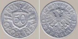 AVUSTURYA 50 GROSCHEN 1946 ALÜMİNYUM. BU TİPİN BASILMAYA BAŞLANDIĞI İLK YIL. AZ ÇIKAN TARİH.