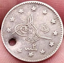 Efemera - SULTAN 5. MEHMET REŞAT GÜMÜŞ 1 KURUŞ 1327/2 İSTANBUL DARBI. OSMANLI İMPARATORLUĞU GERÇEK PARA. KULP DELİKLİ. - kitantik - kitaLog