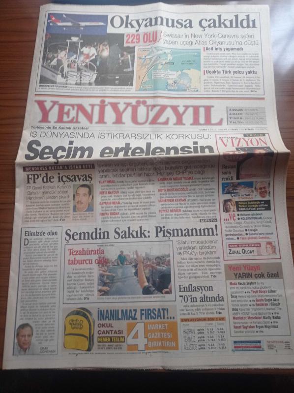 Yeni Yüzyıl Gazetesi 4 Eylül 1998 Swissair New York Cenevre  