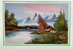 KARLI DAĞLAR NEHİR VE DOĞA İÇİNDE EV RESMİ KARTPOSTALI,ARKASINA YAZILMIŞ,RENKLİ,11 X 15 CM EBADINDA
