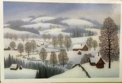 KARLAR ALTINDA DAĞLAR AĞAÇLAR VE EVLERİN RESMİ KARTPOSTALI,ARKASINA YAZILMIŞ,RENKLİ,11 X 15 CM EBADINDA