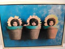 SAKSILARIN İÇİNDE AYÇİÇEĞİ KOSTÜMÜ GİYMİŞ TATLI BEBEKLER GÖRÜNTÜSÜ KARTPOSTALI,ARKASINA YAZILMAMIŞ,RENKLİ,6,5 X 9,5 CM EBADINDA