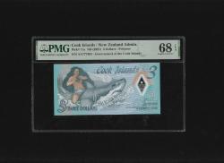 Cook İslands New Zealand Admin. 3 Dollars SN AA777495 Polymer P11a ND (2021) PMG 68 EPQ SUPER GEM UNC ÇİL