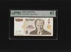 Beş Yeni Türk Lirası 5 YTL  P217 2005 PMG 67 EPQ SUPERB GEM UNC S/N F82 204354 8. EMS 1. Tertip