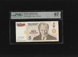 Beş Yeni Türk Lirası 5 YTL  P217 2005 PMG 67 EPQ SUPERB GEM UNC S/N E05 946939 8. EMS 1. Tertip