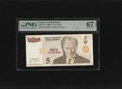 Beş Yeni Türk Lirası 5 YTL  P217 2005 PMG 67 EPQ SUPERB GEM UNC S/N D89 125721 8. EMS 1. Tertip