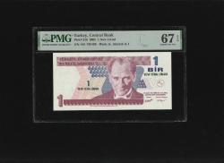 Bir Yeni Türk Lirası 1 YTL  P216 2005 PMG 67 EPQ SUPERB GEM UNC S/N A01 749455 8. EMS 1. Tertip