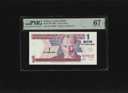 Bir Yeni Türk Lirası 1 YTL  P216 2005 PMG 67 EPQ SUPERB GEM UNC S/N A01 749488   8. EMS 1. Tertip