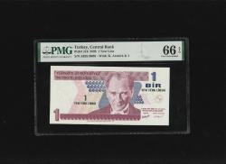 Bir Yeni Türk Lirası 1 YTL  P216 2005 PMG 67 EPQ SUPERB GEM UNC S/N A02619680 /  8.EMS 1. Tertip