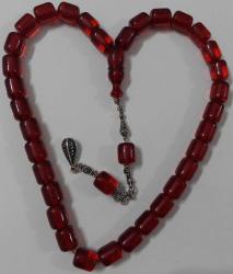 OSMANLI DÖNEMİ OBJEDEN YAPILMA PARLAK VİŞNE RENKLİ MUHTEŞEM SIKMA KEHRİBAR TESPİH GÜMÜŞ PÜSKÜLLÜ YEDEK DANELİ T3RR1A2 ÇOK NADİR