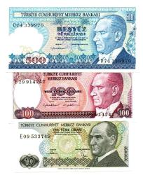 Efemera - 7.Emisyon 10/100/500 Türk Lirası Kağıt Para Set ÇİL (Kullanılmamış) - kitantik - kitaLog