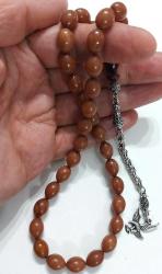 OSMANLI DÖNEMİ OBJEDEN YAPILMA AÇIK KAHVERENGİ MUHTEŞEM SIKMA KEHRİBAR TESPİH GÜMÜŞ PÜSKÜLLÜ KARTAL FİGÜRLÜ F2AA1R1 NADİR