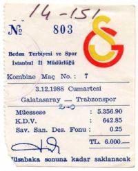 Galatasaray 2-0 Trabzonspor - Futbol Maçı Bileti - 4 Aralık 1988 - İstanbul Ali Sami Yen Stadı