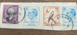 Mektup Zarfından Kesilmiş  / Postadan Geçmiş Dörtlü Pul Filateli - Ankara  Damgalı - SOKULLU MEHMET PAŞA, 50 KURUŞ / ATATÜRK, 10 KURUŞ / KERKENEZ, 10 KURUŞ - Türkiye Cumhuriyeti