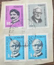 Mektup Zarfından Kesilmiş  / Postadan Geçmiş Dörtlü Pul Filateli -  Damgalı - KEMALETTİN MİMAROĞLU, 60 KURUŞ / HÜSEYİN SADETTİN AREL, 25 KURUŞ / DR. BESİM ÖMER AKALIN, 5 KURUŞ - Türkiye Cumhuriyeti