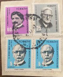 Mektup Zarfından Kesilmiş  / Postadan Geçmiş Dörtlü Pul Filateli -  Damgalı - KEMALETTİN MİMAROĞLU, 60 KURUŞ / HÜSEYİN SADETTİN AREL, 25 KURUŞ / DR. BESİM ÖMER AKALIN, 5 KURUŞ - Türkiye Cumhuriyeti
