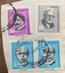 Mektup Zarfından Kesilmiş  / Postadan Geçmiş Dörtlü Pul Filateli -  Damgalı - KEMALETTİN MİMAROĞLU, 60 KURUŞ / HÜSEYİN SADETTİN AREL, 25 KURUŞ / DR. BESİM ÖMER AKALIN, 5 KURUŞ - Türkiye Cumhuriyeti