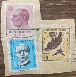 Mektup Zarfından Kesilmiş  / Postadan Geçmiş Üçlü Pul Filateli -  Damgalı - ATATÜRK, 30 KURUŞ / KARTAL, 60 KURUŞ / DR. BESİM ÖMER AKALIN, 5 KURUŞ - Türkiye Cumhuriyeti