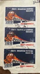 Mektup Zarfından Kesilmiş  / Postadan Geçmiş Üçlü Pul Filateli -1967 , Damgalı -- TÜRKİYE - BULGARİSTAN DEMİRYOLU BAĞLANTISI, 100 KURUŞ  - Türkiye Cumhuriyeti