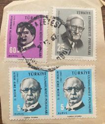 Mektup Zarfından Kesilmiş  / Postadan Geçmiş Dörtlü Pul Filateli -  Damgalı - KEMALETTİN MİMAROĞLU, 60 KURUŞ / Hüseyin SADETTİN AREL, 25 KURUŞ / DR. BESİM ÖMER AKALIN, 5 KURUŞ - Türkiye Cumhuriyeti