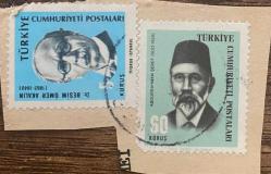 Mektup Zarfından Kesilmiş  / Postadan Geçmiş İkili Pul Filateli -  Damgalı -  ABDURRAHMAN ŞEREF, 60 KURUŞ / DR. ÖMER BESİM AKALIN, 5 KURUŞ / - Türkiye Cumhuriyeti
