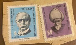 Mektup Zarfından Kesilmiş  / Postadan Geçmiş İkili Pul Filateli -  Damgalı -  DR. ÖMER BESİM AKALIN, 5 KURUŞ / SOKULLU MEHMET PAŞA, 50 KURUŞ / - Türkiye Cumhuriyeti