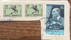 Mektup Zarfından Kesilmiş  / Postadan Geçmiş Üçlü Pul Filateli - 11 Mart 1969 Damgalı -  ATLI ATATÜRK SAMSUN , 10 KURUŞ / ATATÜRK, 60 KURUŞ -  Türkiye Cumhuriyeti
