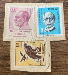 Mektup Zarfından Kesilmiş  / Postadan Geçmiş Üçlü Pul Filateli - Damgalı -  ATATÜRK, 30 KURUŞ / DR. ÖMER BESİM AKALIN, 5 KURUŞ / KARTAL, 60 KURUŞ -  Türkiye Cumhuriyeti