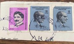 Mektup Zarfından Kesilmiş  / Postadan Geçmiş Üçlü Pul Filateli - Bakırköy, 9 Mart 1956 Damgalı - KEMALETTİN MİMAROĞLU, 60 KURUŞ / ATATÜRK, 10 KURUŞ -  Türkiye Cumhuriyeti