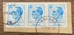 Mektup Zarfından Kesilmiş  / Postadan Geçmiş Üçlü Pul Filateli - Ankara,  Kasım 1967 Damgalı -  ATATÜRK, 10 KURUŞ  -  Türkiye Cumhuriyeti
