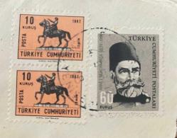 Mektup Zarfından Kesilmiş  / Postadan Geçmiş Üçlü Pul Filateli - Damgalı - ATLI ATATÜRK İZMİR, 10 KURUŞ /AHMET MUHTAR PAŞA, 60 KURUŞ -  Türkiye Cumhuriyeti