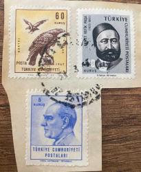 Mektup Zarfından Kesilmiş  / Postadan Geçmiş Üçlü Pul Filateli - Damgalı - KARTAL, 60 KURUŞ / AHMET VEFİK PAŞA , 30 KURUŞ / ATATÜRK, 5 KURUŞ-  Türkiye Cumhuriyeti