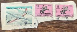 Mektup Zarfından Kesilmiş  / Postadan Geçmiş Üçlü Pul Filateli - Damgalı - UÇAK, 60 KURUŞ / ATLI ATATÜRK ANTAKYA, 10 KURUŞ-  Türkiye Cumhuriyeti