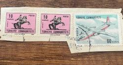 Mektup Zarfından Kesilmiş  / Postadan Geçmiş Üçlü Pul Filateli - Damgalı - ATLI ATATÜRK  ANTAKYA, 10 KURUŞ / UÇAK, 60 KURUŞ -  Türkiye Cumhuriyeti