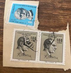 Mektup Zarfından Kesilmiş  / Postadan Geçmiş Üçlü Pul Filateli -  Damgalı - ATATÜRK, 100 KURUŞ / DR. BESİM ÖMER AKALIN, 5 KURUŞ-  Türkiye Cumhuriyeti