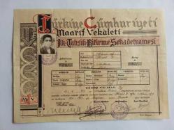 Maarif Vekaleti İlk Tahsili Bitirme Şehadetnamesi