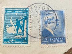 Mektup Zarfından Kesilmiş  / Postadan Geçmiş İkili Pul Filateli -   Trabzon Damgalı - MİLLİ MÜDAFAA, 2 KURUŞ / İSMET İNÖNÜ, 6 3/4 KURUŞ -  Türkiye Cumhuriyeti