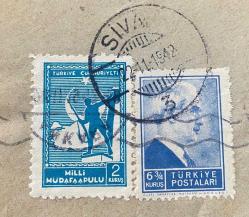 Mektup Zarfından Kesilmiş  / Postadan Geçmiş İkili Pul Filateli - Sivas, 22 Kasım 1942  Damgalı - MİLLİ MÜDAFAA, 2 KURUŞ / İSMET İNÖNÜ, 6 3/4 KURUŞ -  Türkiye Cumhuriyeti