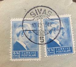 Mektup Zarfından Kesilmiş  / Postadan Geçmiş İkili Pul Filateli - Sivas, 10 Aralık 1942 Damgalı - İSMET İNÖNÜ, 6 3/4 KURUŞ -  Türkiye Cumhuriyeti