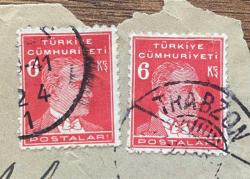 Mektup Zarfından Kesilmiş  / Postadan Geçmiş İkili Pul Filateli - Trabzon , 1941 Damgalı - ATATÜRK, 6 KURUŞ -  Türkiye Cumhuriyeti