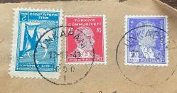 Mektup Zarfından Kesilmiş  / Postadan Geçmiş Üçlü Pul Filateli - İstanbul Unkapanı , 13 Kasım 1942 Damgalı - MİLLİ MÜDAFAA, 2 KURUŞ / ATATÜRK, 6 KURUŞ /ATATÜRK, 30 PARA -  Türkiye Cumhuriyeti