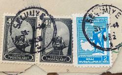 Mektup Zarfından Kesilmiş  / Postadan Geçmiş Üçlü Pul Filateli - Selimiye ,31 Temmuz 1944 Damgalı - MİLLİ MÜDAFAA, 2 KURUŞ / TREN, 4 1/2 KURUŞ -  Türkiye Cumhuriyeti