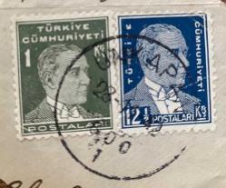 Mektup Zarfından Kesilmiş  / Postadan Geçmiş İkili Pul Filateli - Unkapanı ,1942 Damgalı - ATATÜRK, 1 KURUŞ / ATATÜRK, 12 1/2 KURUŞ -  Türkiye Cumhuriyeti