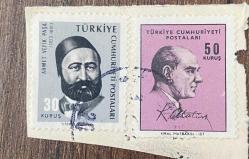 Mektup Zarfından Kesilmiş  / Postadan Geçmiş İkili Pul Filateli - Damgalı -  ATATÜRK, 50 KURUŞ/ AHMET VEFİK PAŞA, 30 KURUŞ -  Türkiye Cumhuriyeti