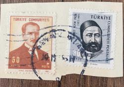 Mektup Zarfından Kesilmiş  / Postadan Geçmiş İkili Pul Filateli - Damgalı -  ATATÜRK, 50 KURUŞ/ AHMET VEFİK PAŞA, 30 KURUŞ -  Türkiye Cumhuriyeti